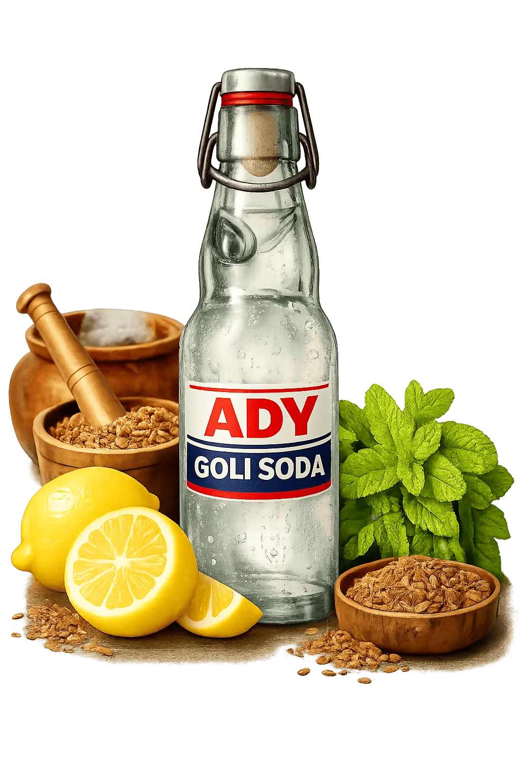ADY Goli Soda Bottle and Raw Ingredients (Lemon, Jeera, Mint) illustrating tradition and modern production